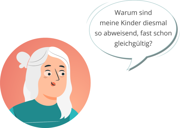 Illustration einer Frau mit weißen Haaren und einer Sprechblase: Warum sind meine Kinder diesmal so abweisend, fast schon gleichgültig?