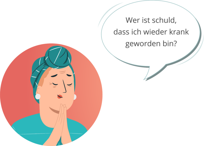 Illustration einer Frau mit Kopftuch und einer Sprechblase: Wer ist schuld, dass ich wieder krank geworden bin?